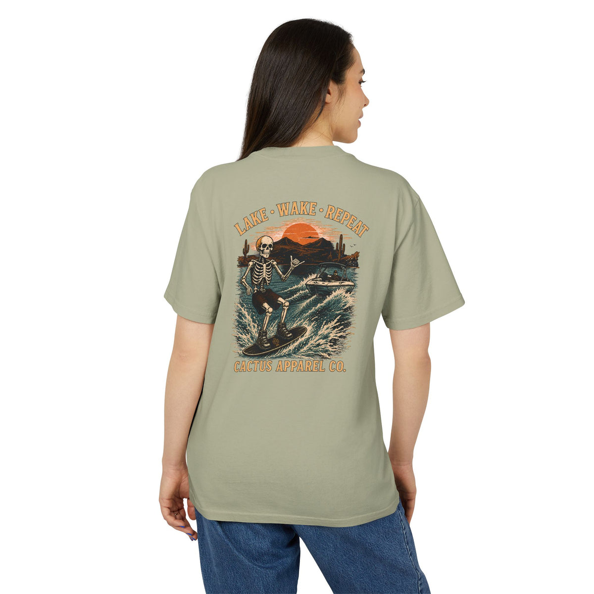 Surf Skeleton Vintage Tee — "Lake · Wake · Repeat" Skeleton Graphic T-Shirt | Skeleton Collection