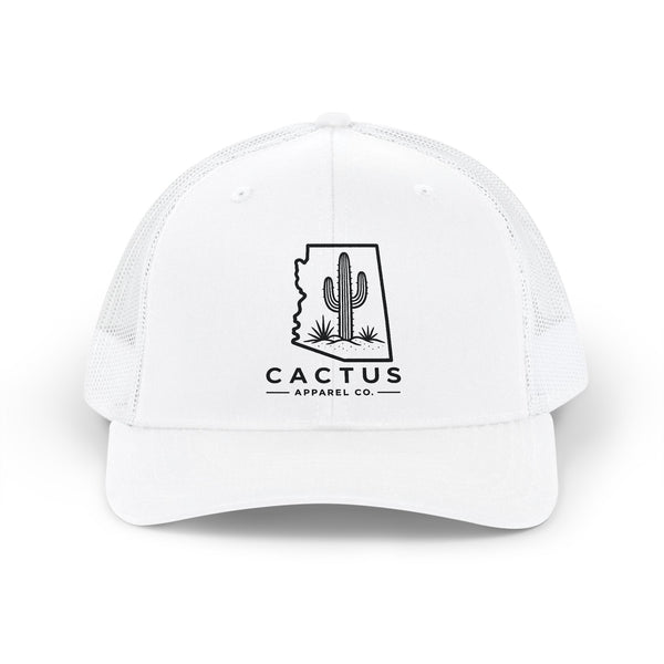Cactus Apparel Co. Logo Trucker Snapback— White w/ Black Logo