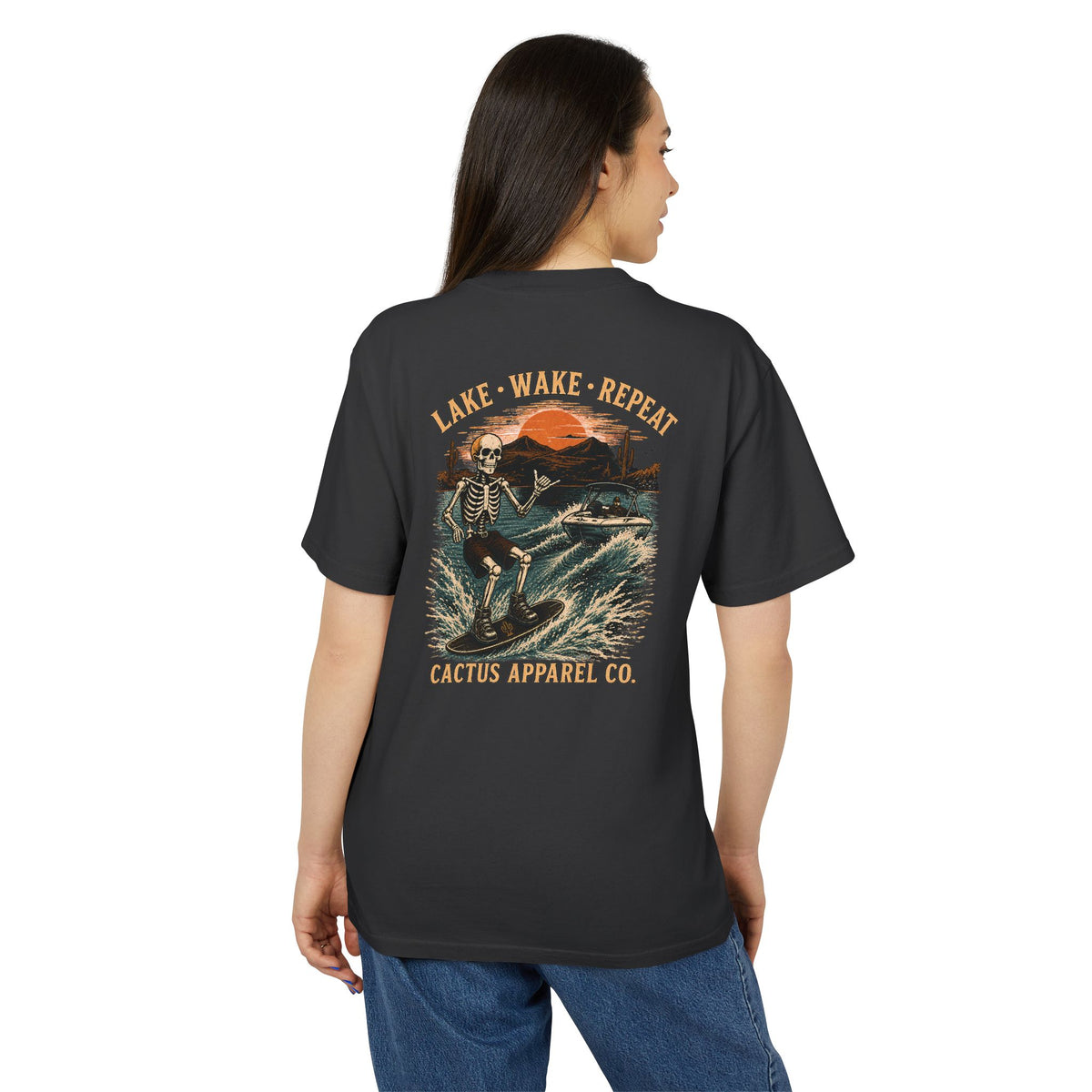 Surf Skeleton Vintage Tee — "Lake · Wake · Repeat" Skeleton Graphic T-Shirt | Skeleton Collection