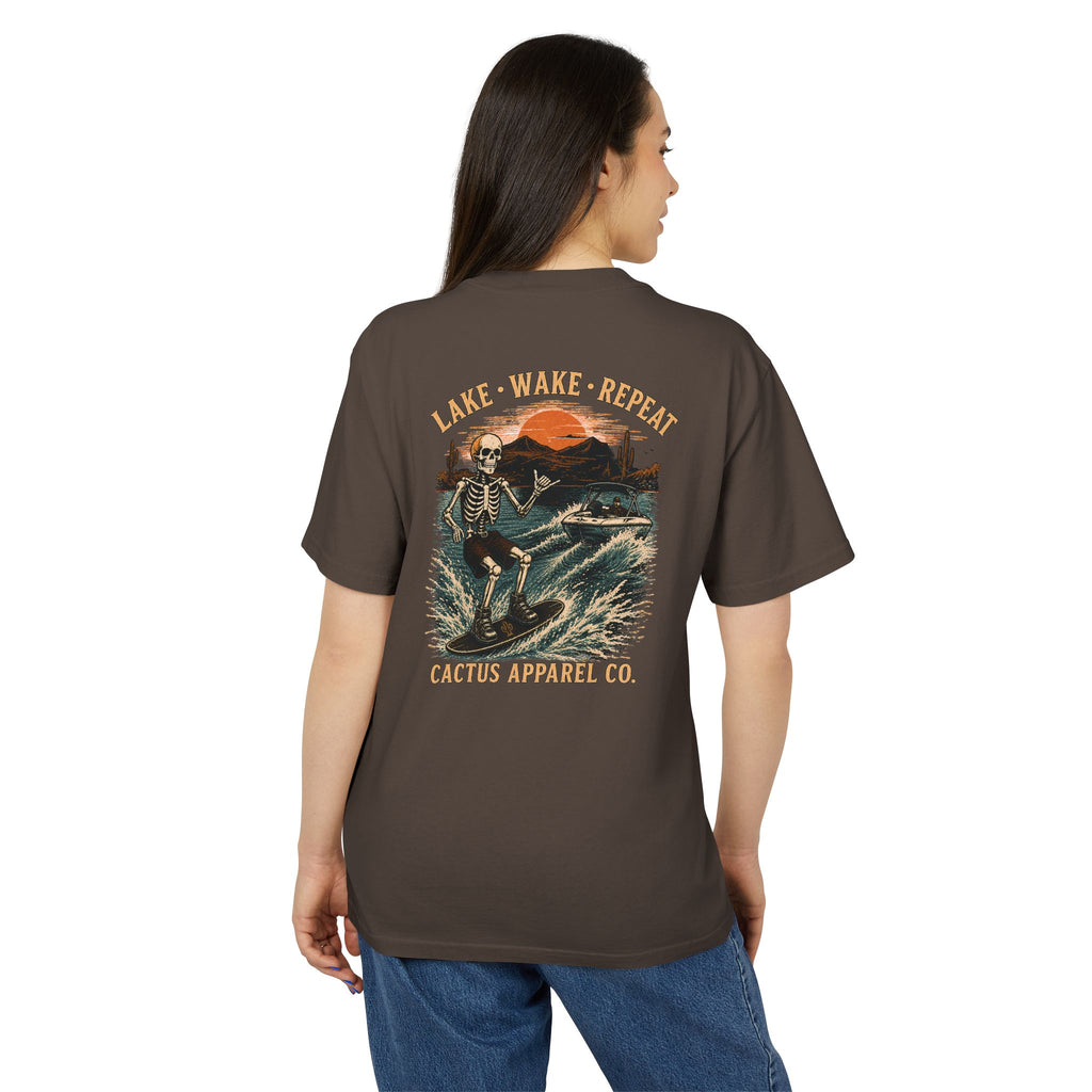 Surf Skeleton Vintage Tee — "Lake · Wake · Repeat" Skeleton Graphic T-Shirt | Skeleton Collection