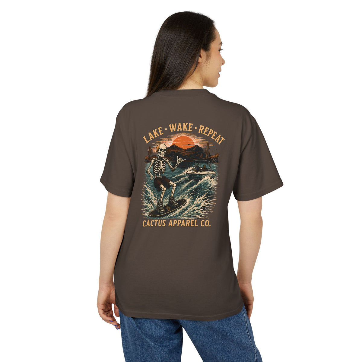 Surf Skeleton Vintage Tee — "Lake · Wake · Repeat" Skeleton Graphic T-Shirt | Skeleton Collection