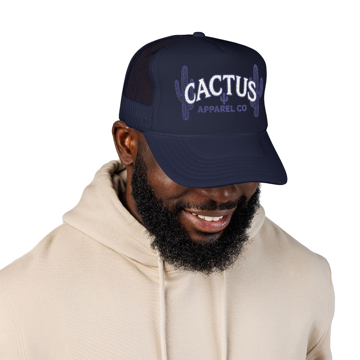 Cactus Foam Trucker Hat — Deep Blue Embroidered Cacti Logo