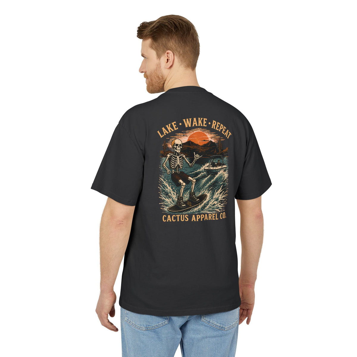 Surf Skeleton Vintage Tee — "Lake · Wake · Repeat" Skeleton Graphic T-Shirt | Skeleton Collection