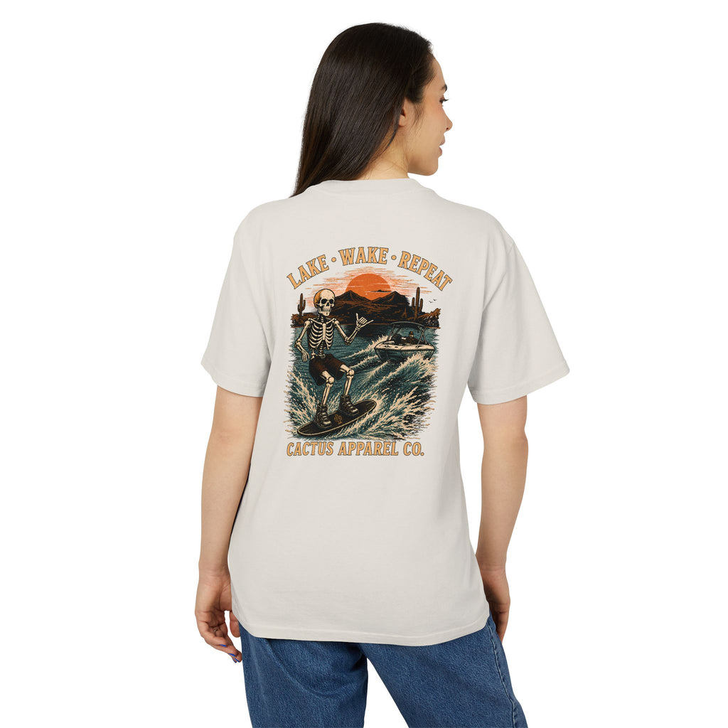 Surf Skeleton Vintage Tee — "Lake · Wake · Repeat" Skeleton Graphic T-Shirt | Skeleton Collection