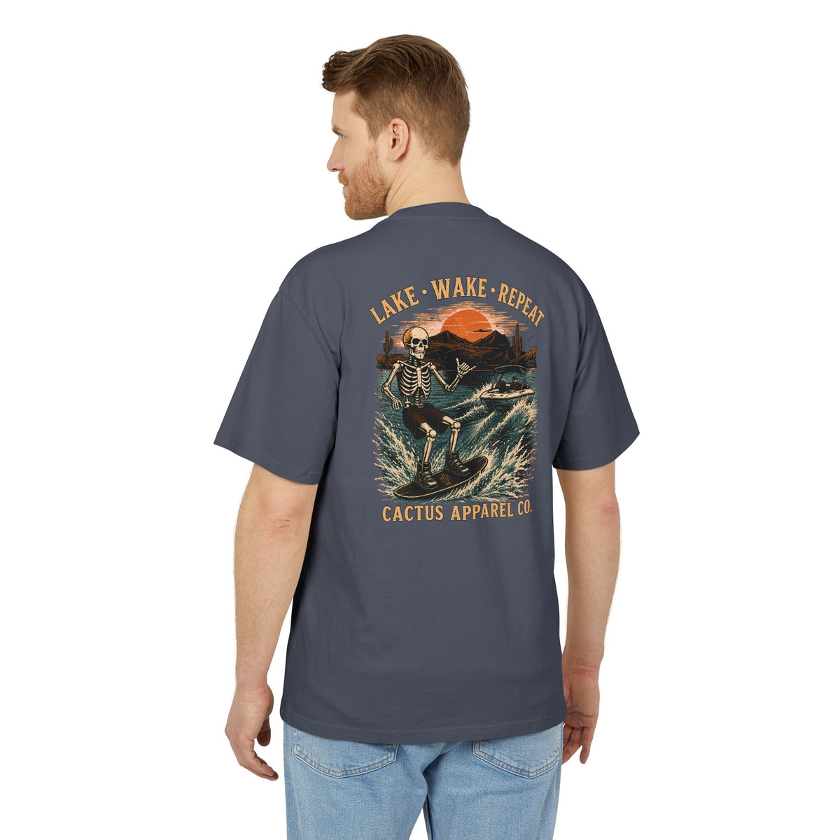 Surf Skeleton Vintage Tee — "Lake · Wake · Repeat" Skeleton Graphic T-Shirt | Skeleton Collection