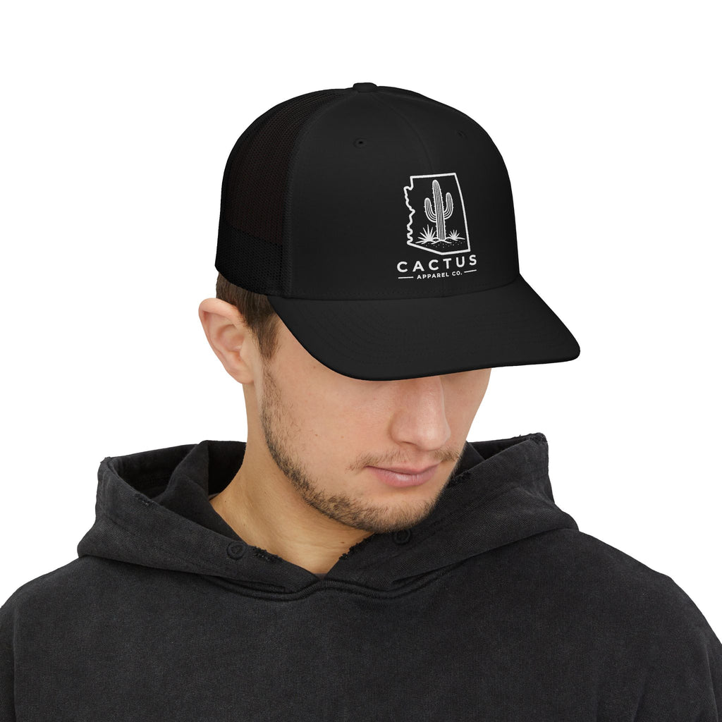 Cactus Apparel Co. Logo Trucker Snapback— Black w/ White Logo