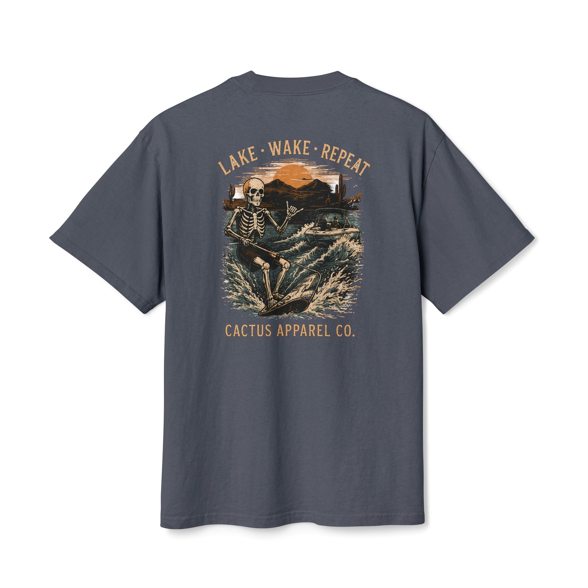 Surf Skeleton Vintage Tee — "Lake · Wake · Repeat" Skeleton Graphic T-Shirt | Skeleton Collection