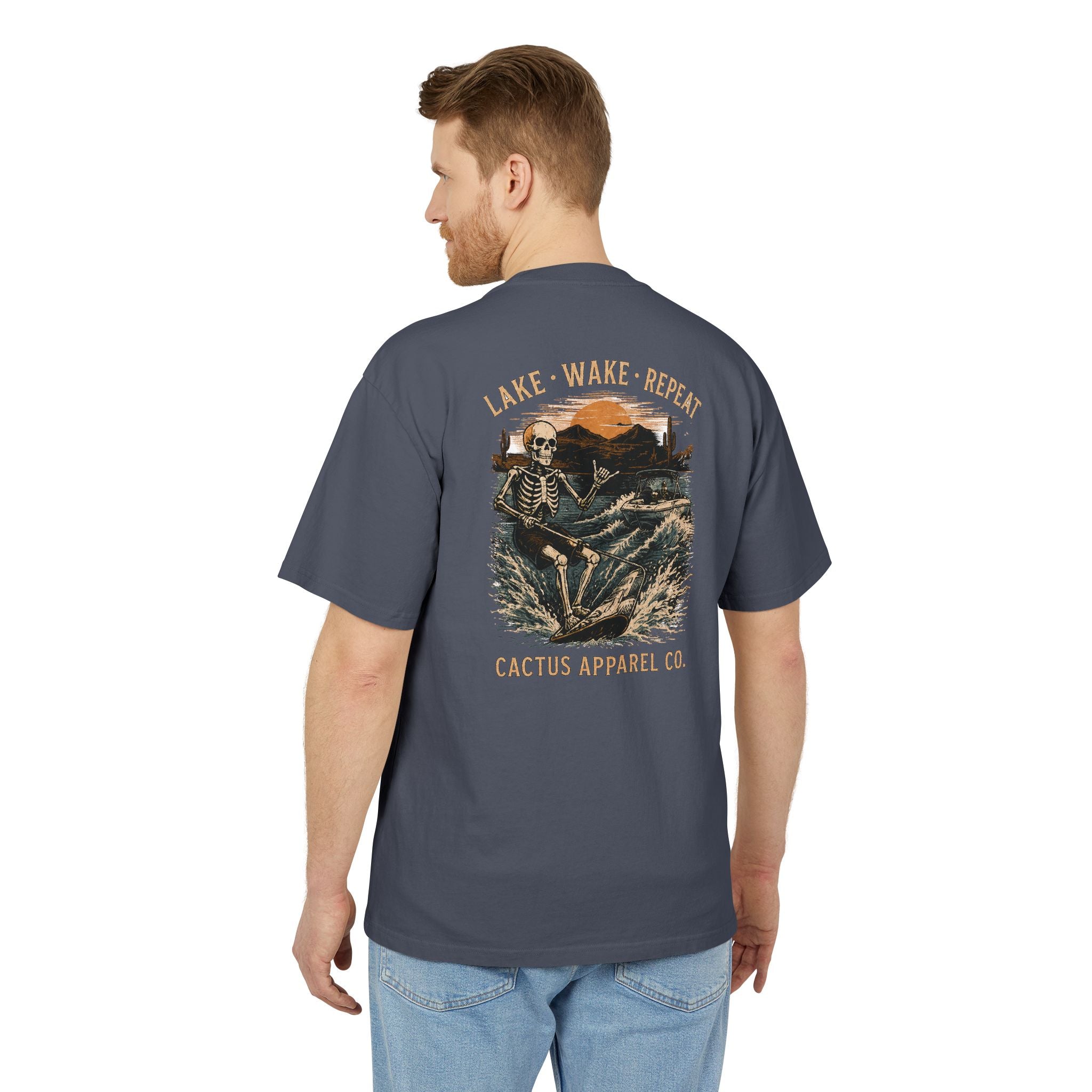 Surf Skeleton Vintage Tee — "Lake · Wake · Repeat" Skeleton Graphic T-Shirt | Skeleton Collection