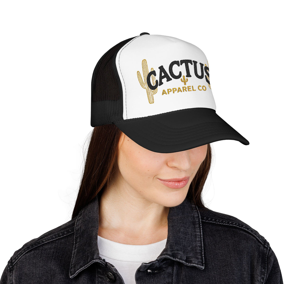 Cactus Foam Trucker Hat — Gold Embroidered Cacti Logo