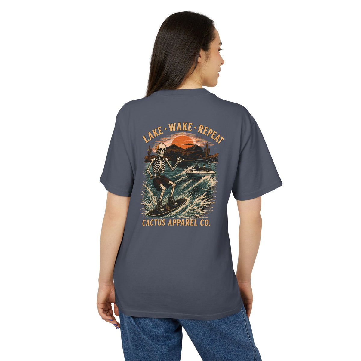 Surf Skeleton Vintage Tee — "Lake · Wake · Repeat" Skeleton Graphic T-Shirt | Skeleton Collection