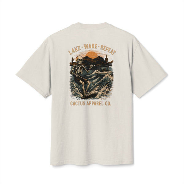 Surf Skeleton Vintage Tee — "Lake · Wake · Repeat" Skeleton Graphic T-Shirt | Skeleton Collection