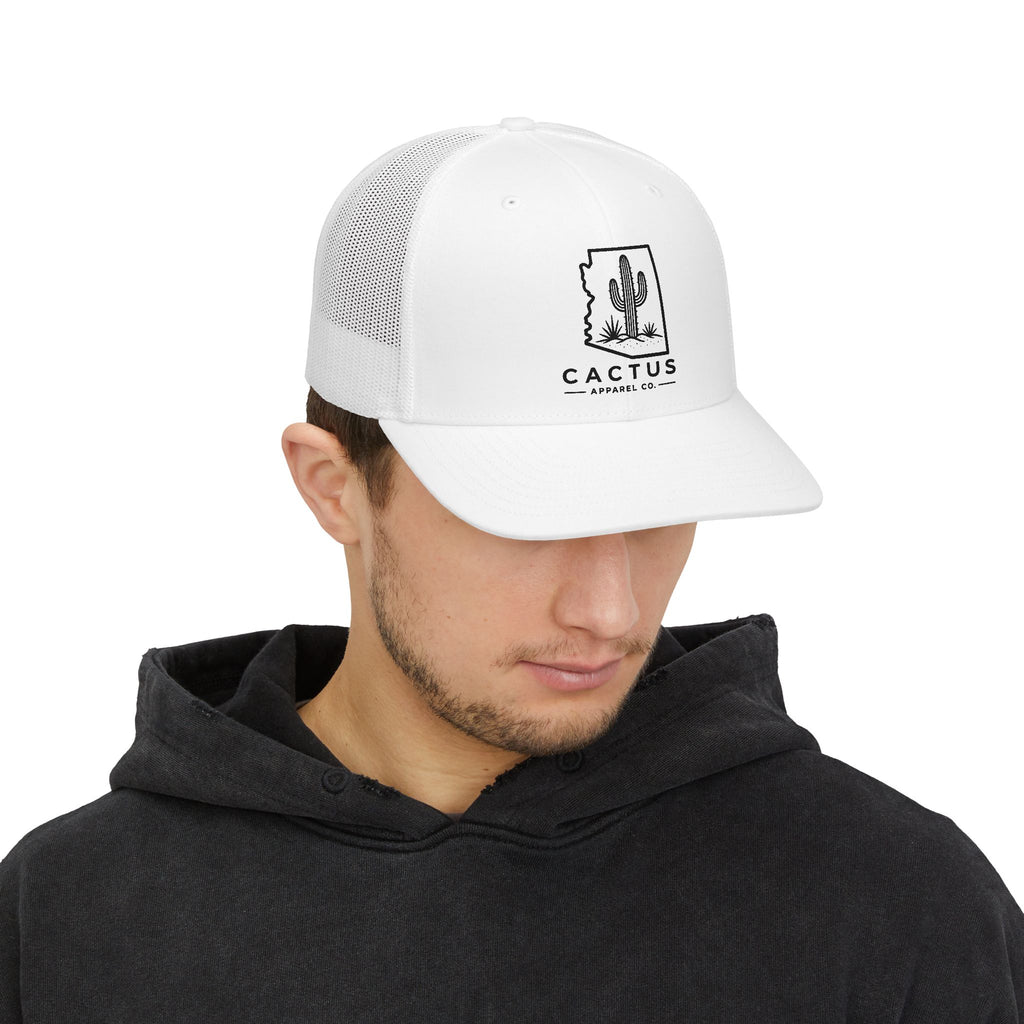 Cactus Apparel Co. Logo Trucker Snapback— White w/ Black Logo