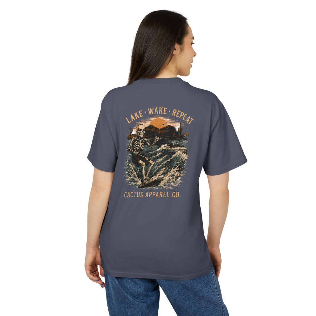 Surf Skeleton Vintage Tee — "Lake · Wake · Repeat" Skeleton Graphic T-Shirt | Skeleton Collection