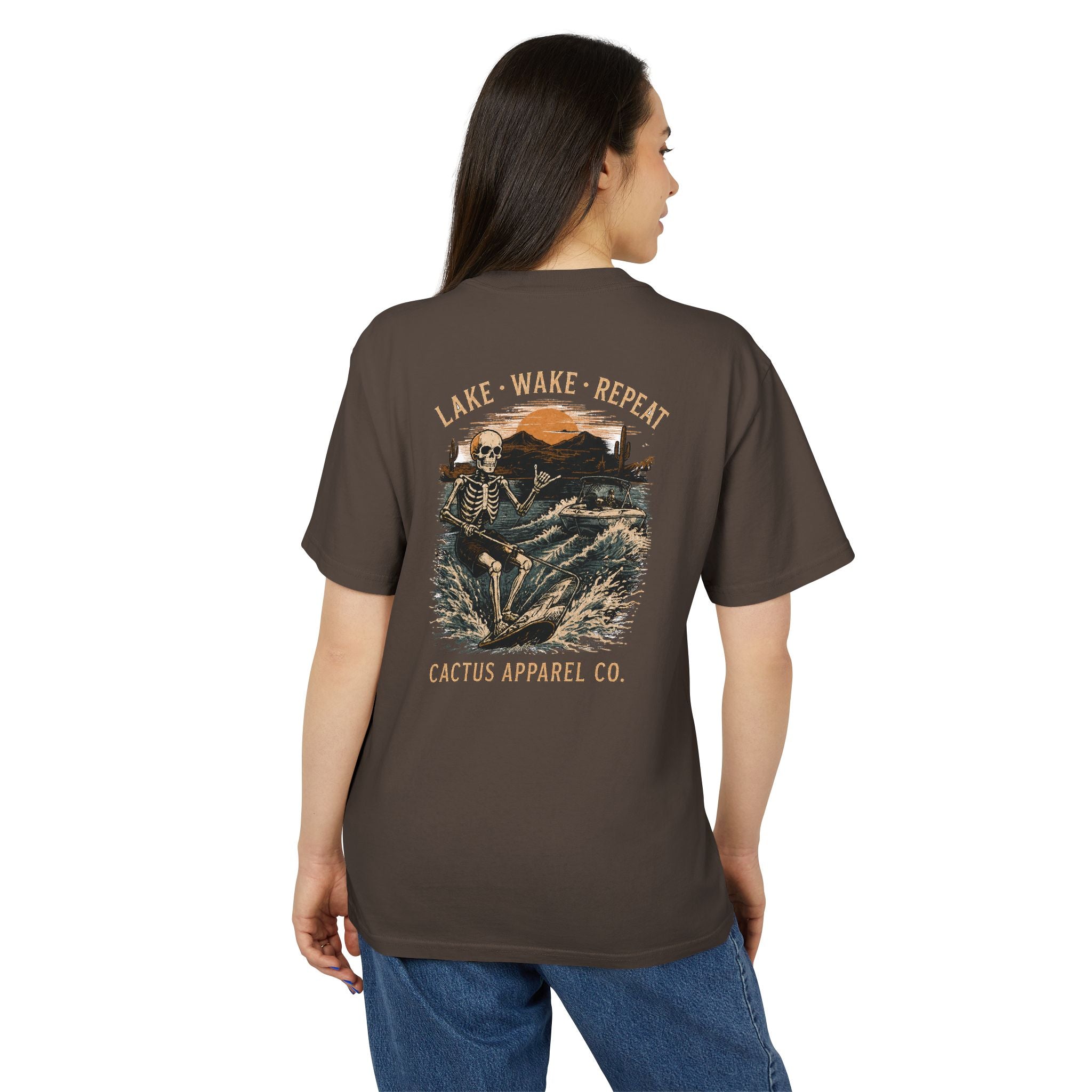 Surf Skeleton Vintage Tee — "Lake · Wake · Repeat" Skeleton Graphic T-Shirt | Skeleton Collection