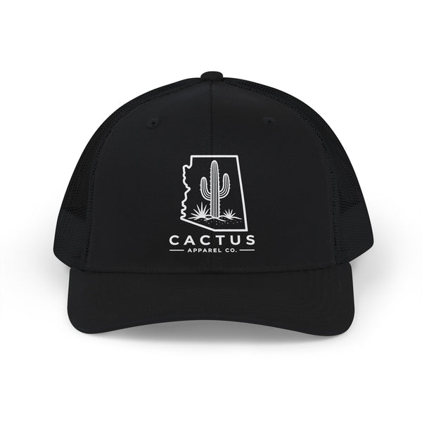 Cactus Apparel Co. Logo Trucker Snapback— Black w/ White Logo