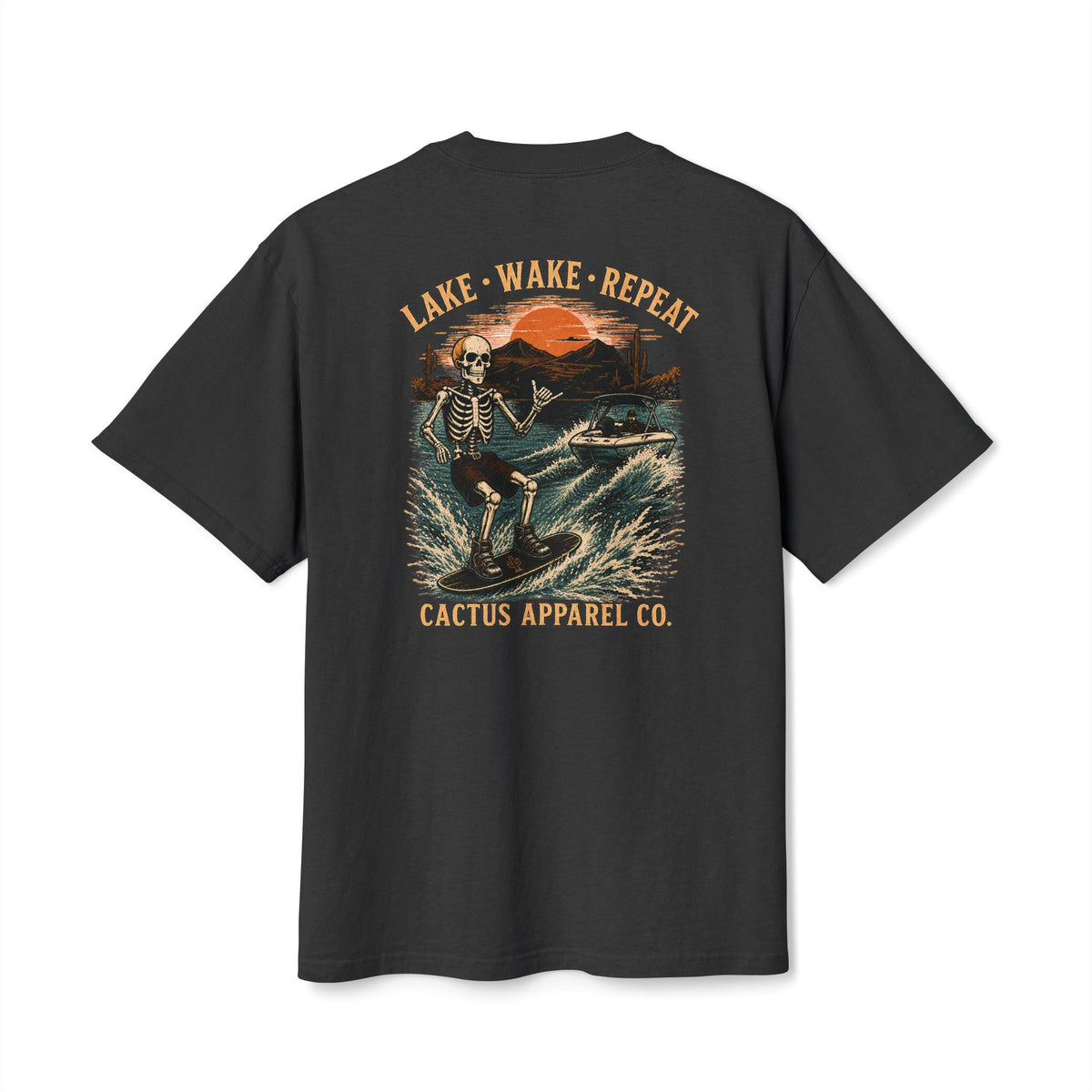 Surf Skeleton Vintage Tee — "Lake · Wake · Repeat" Skeleton Graphic T-Shirt | Skeleton Collection