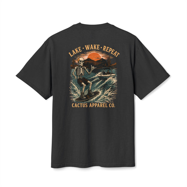Surf Skeleton Vintage Tee — "Lake · Wake · Repeat" Skeleton Graphic T-Shirt | Skeleton Collection