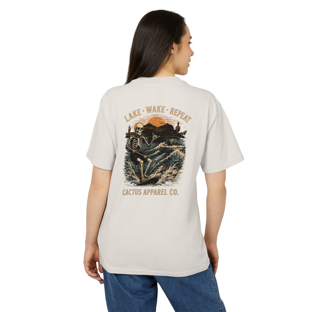 Surf Skeleton Vintage Tee — "Lake · Wake · Repeat" Skeleton Graphic T-Shirt | Skeleton Collection